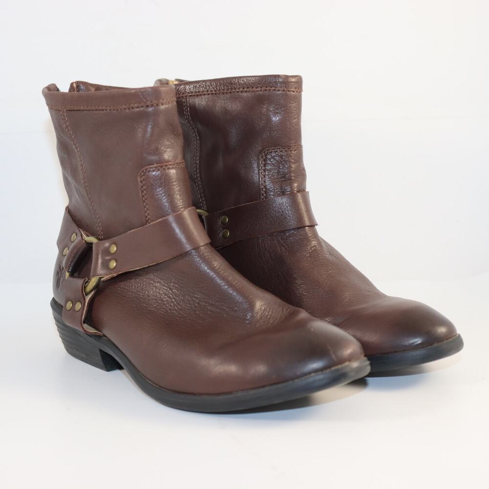 Frye Phillip Harness Short Boots Size 4Y‎ (Women’s 6) Brown Leather Moto Style